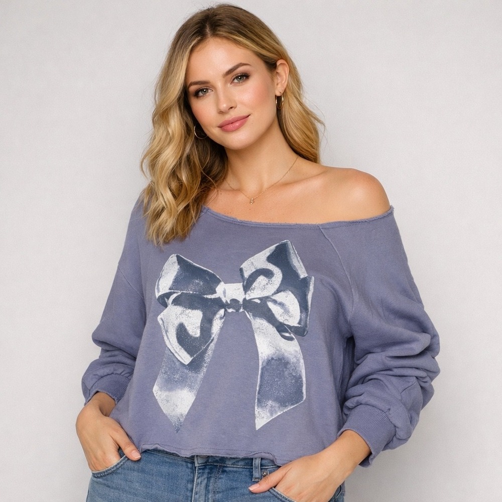 Self❤️E Bow Graphic Off The Shoulder Cropped Sweatshirt Blue Purple Size L